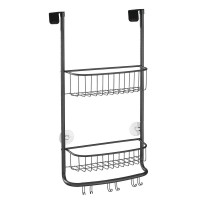 Modern Metal Bathroom Tub and Shower Caddy Hanging Storage Organizer with 6 Built-in Hooks and 2 Baskets